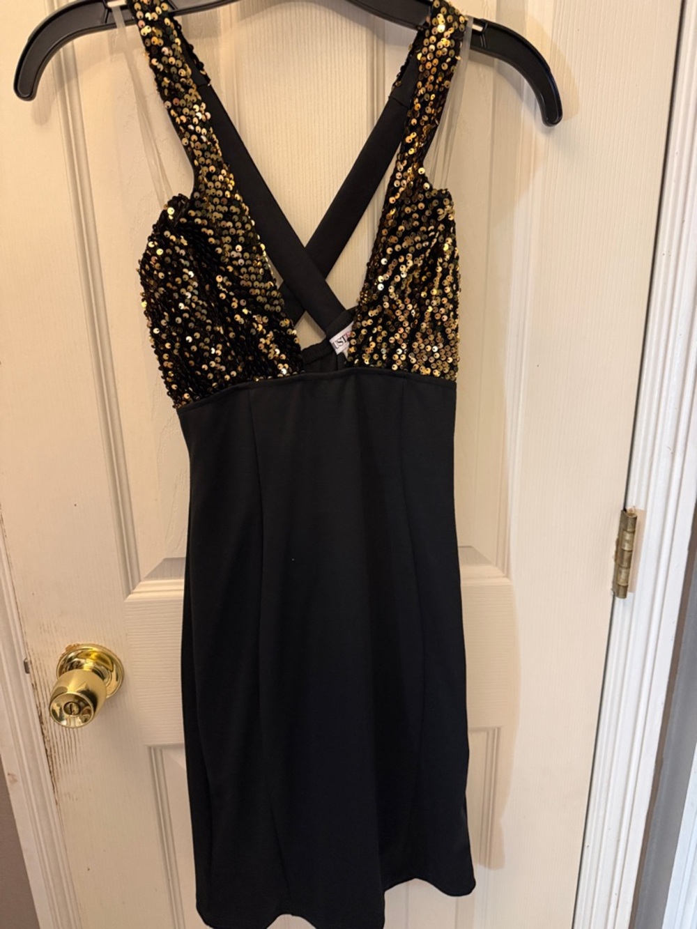 JustFab Black and Gold Sequin Crisscross Mini Dress